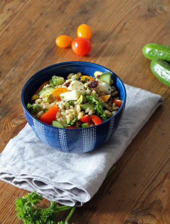 Picknick: leckerer Salat aus Weizen und Sommergemüse, vegetarisch oder vegan